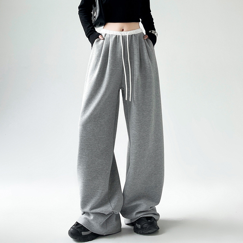 Γυναικείες παντελόνες φόρμας με υψηλή μέση και φαρδιά γραμμή, μέχρι πάτωμα, με κορδόνι, μίγμα βαμβάκι-πολυεστέρα