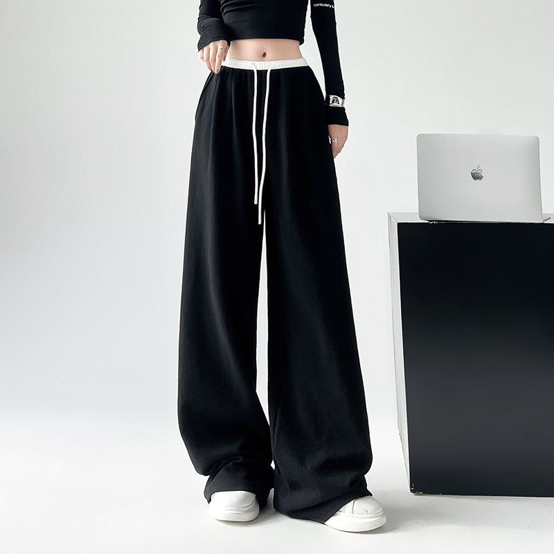 Γυναικείες παντελόνες φόρμας με υψηλή μέση και φαρδιά γραμμή, μέχρι πάτωμα, με κορδόνι, μίγμα βαμβάκι-πολυεστέρα