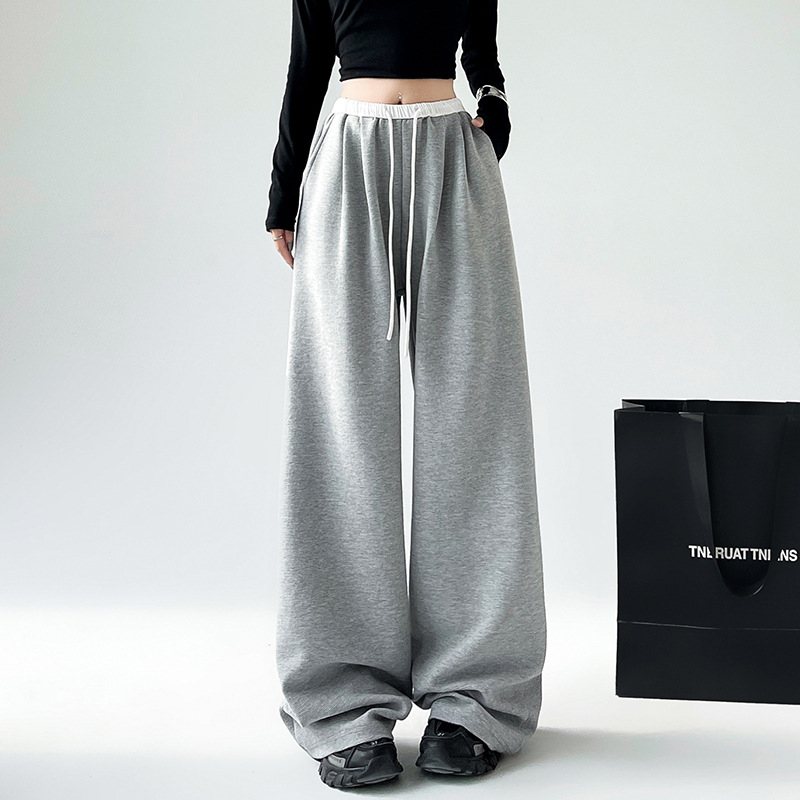 Γυναικείες παντελόνες φόρμας με υψηλή μέση και φαρδιά γραμμή, μέχρι πάτωμα, με κορδόνι, μίγμα βαμβάκι-πολυεστέρα