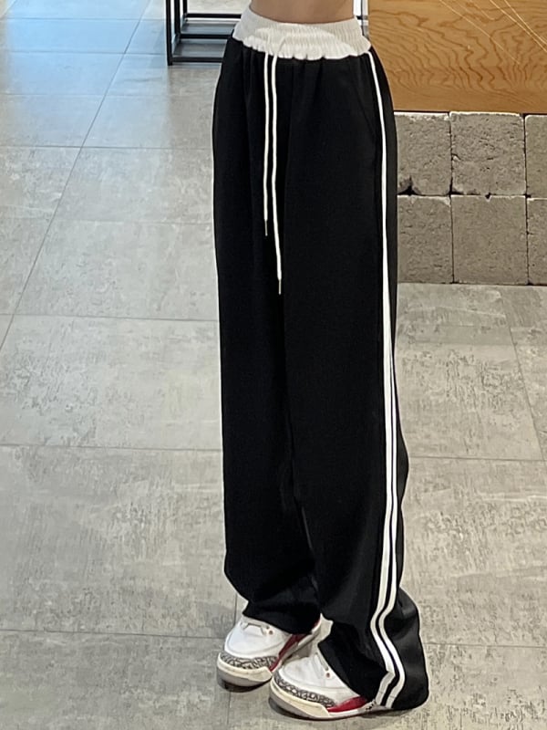 Дамски памучни спортни панталони с висока талия, еластична талия, широки крачоли и патчворк ивици