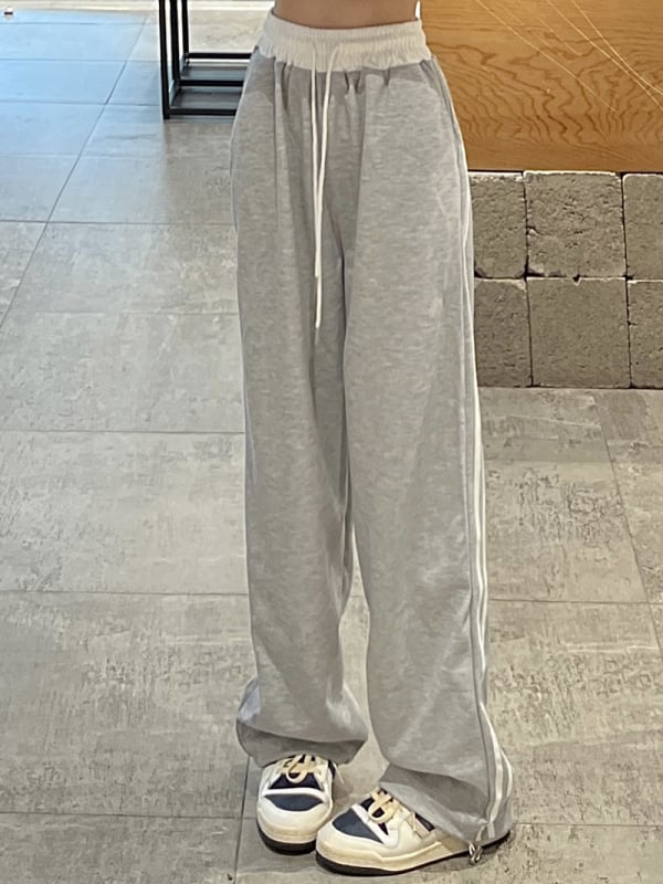 Дамски памучни спортни панталони с висока талия, еластична талия, широки крачоли и патчворк ивици