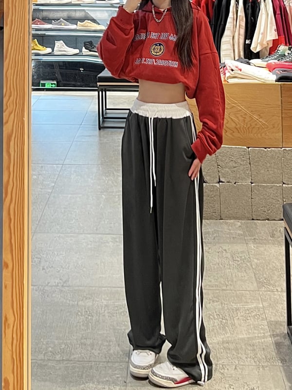 Дамски памучни спортни панталони с висока талия, еластична талия, широки крачоли и патчворк ивици