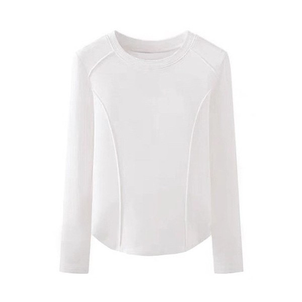 Γυναικείο βασικό τοπ με μακριά μανίκια, στρογγυλός λαιμός, πολυεστέρας ≥95% με ελαστάνη έως 30%, μήκος 50–65 cm.