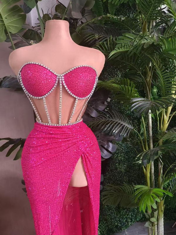 Ženski set: top s kristalima i duga suknja – odjeća za scenu, ljeto 2025, Spandex tkanina, šifra Candy