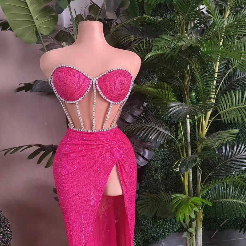 Ženski set: top s kristalima i duga suknja – odjeća za scenu, ljeto 2025, Spandex tkanina, šifra Candy