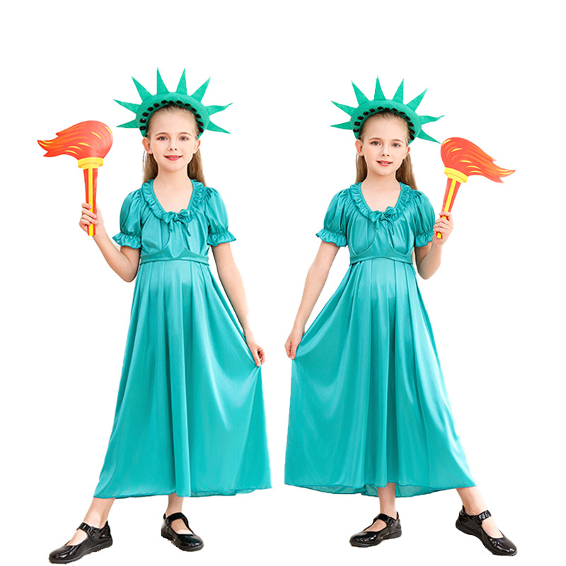Halloween cosplay kostim: Duga haljina Statue slobode, obiteljski kostim za odrasle i djecu; poliester vlakna, miješana kemijska vlakna; glavni materijal ispod 30%