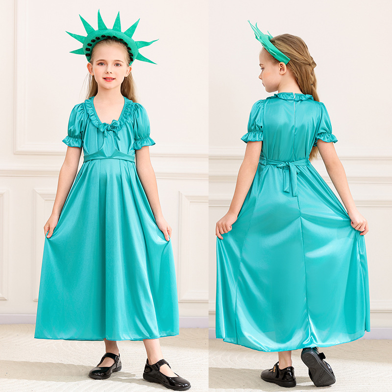 Halloween cosplay kostim: Duga haljina Statue slobode, obiteljski kostim za odrasle i djecu; poliester vlakna, miješana kemijska vlakna; glavni materijal ispod 30%