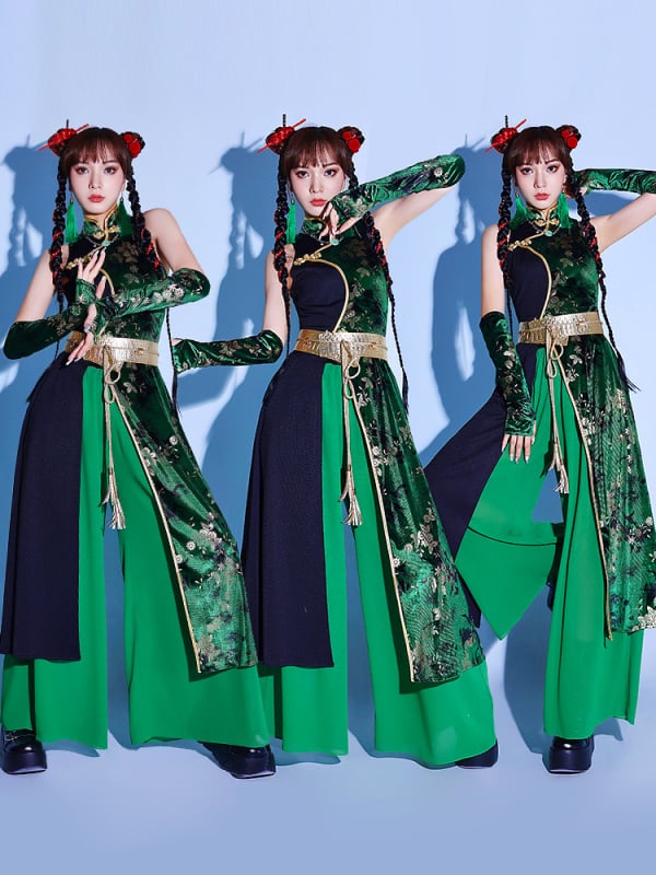 Ženski džez plesni kostim set, kazališna odjeća u kineskom stilu za K-pop, poliester s elastanom, ljeto 2024, uzrast 18–24