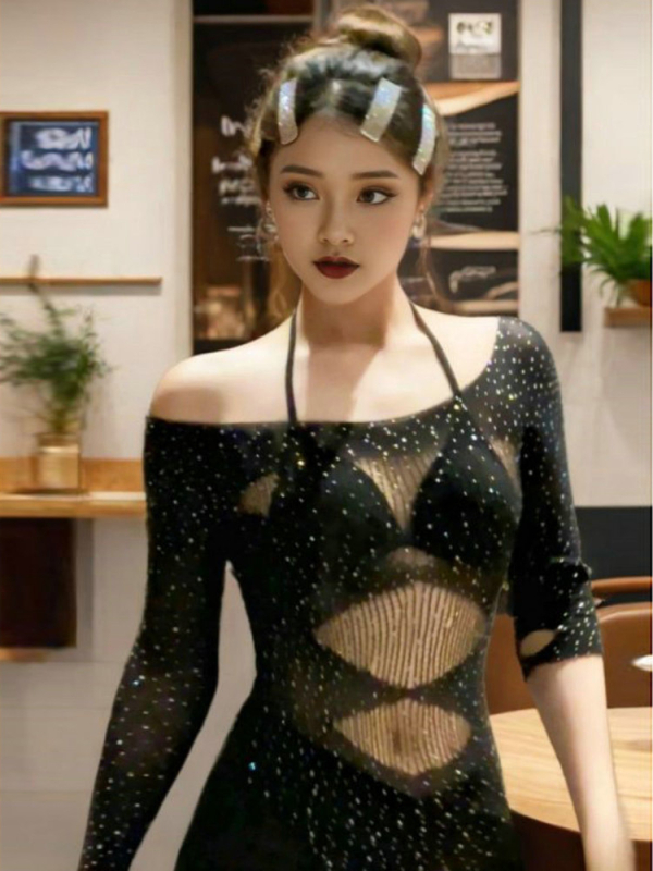 Strasszos jazz top tánchoz - poliészter anyag (>95%), hot drill díszítés, szexi street hipster stílus, színpadi viselet