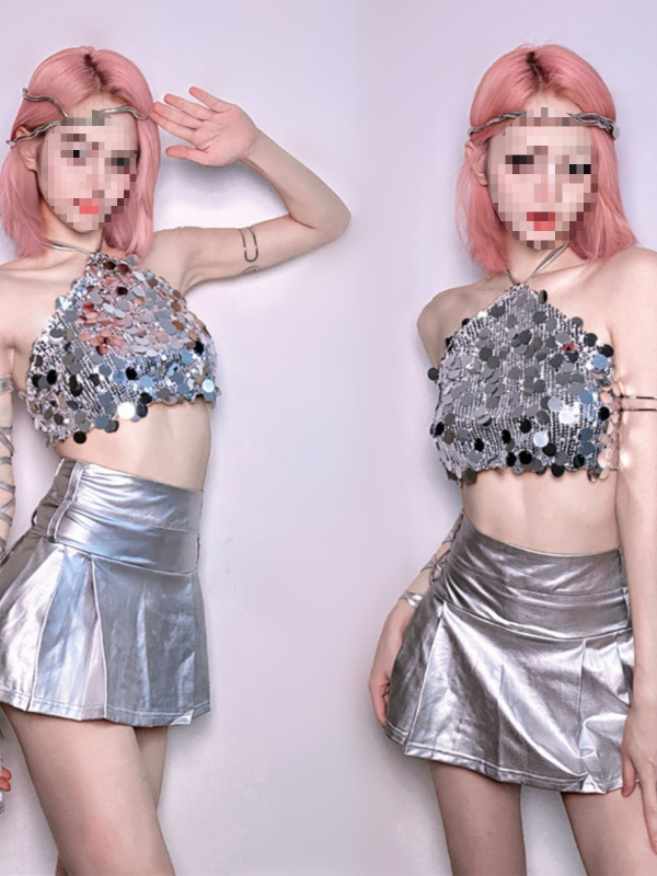 Unisex Bar performans outfit s DS ovratnikom – set plisirane suknje za Go-Go nastup, DJ noćni klub, suvremeni džez ples