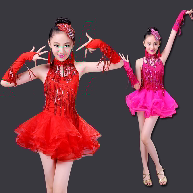 Детска латинска танцова рокля Moel&Cujo – полиестер + еластан, сценично облекло за момичета до 17 г