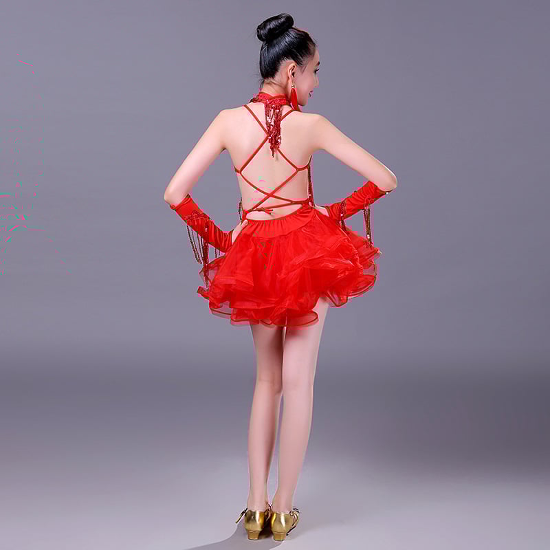 Детска латинска танцова рокля Moel&Cujo – полиестер + еластан, сценично облекло за момичета до 17 г