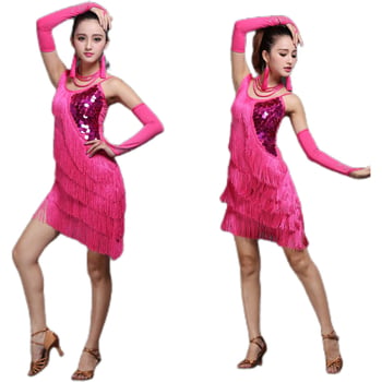 Latino plesna haljina za nastup s štrasima i resicama - Milk Silk tkanina (70% poliester), žene, brend China Dancer