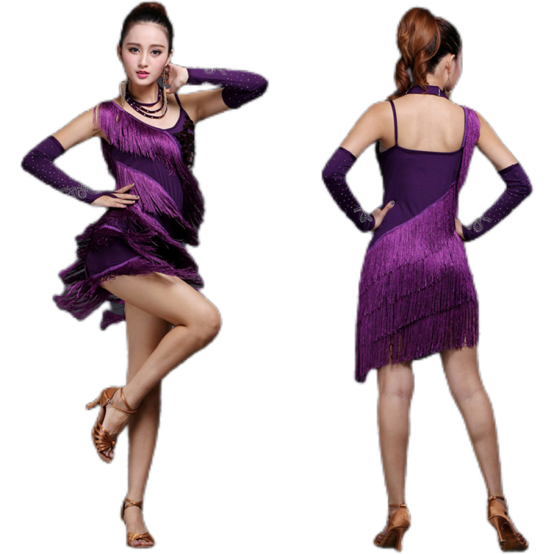 Latino plesna haljina za nastup s štrasima i resicama - Milk Silk tkanina (70% poliester), žene, brend China Dancer