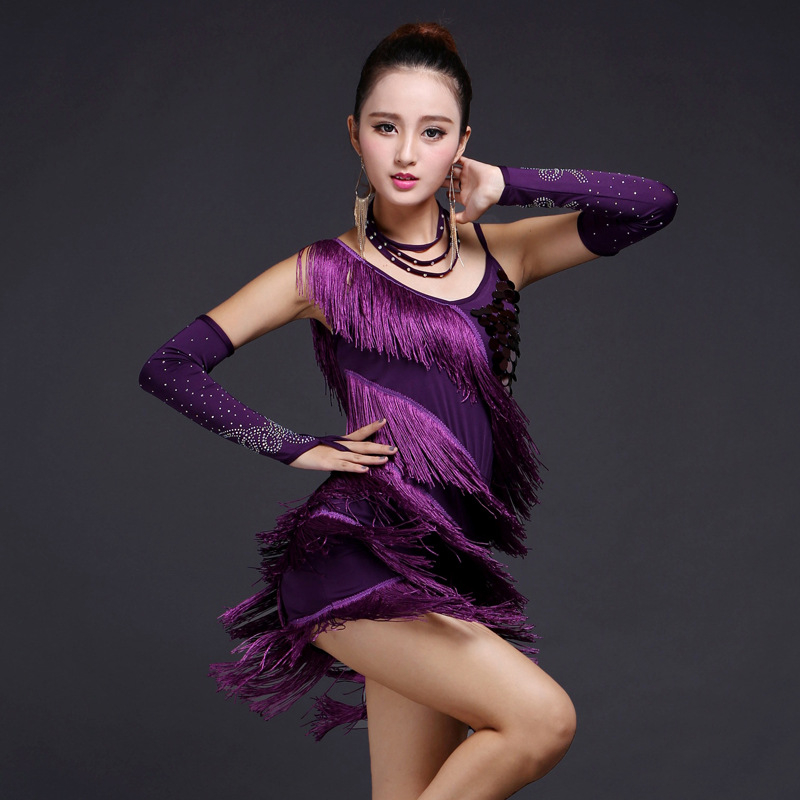 Latino plesna haljina za nastup s štrasima i resicama - Milk Silk tkanina (70% poliester), žene, brend China Dancer