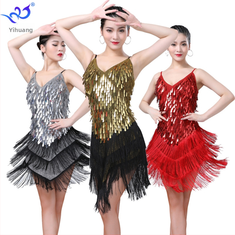 Sequin latino plesna haljina s resicama za žene, Flash Gold tkanina, 90% poliester / 10% spandeks
