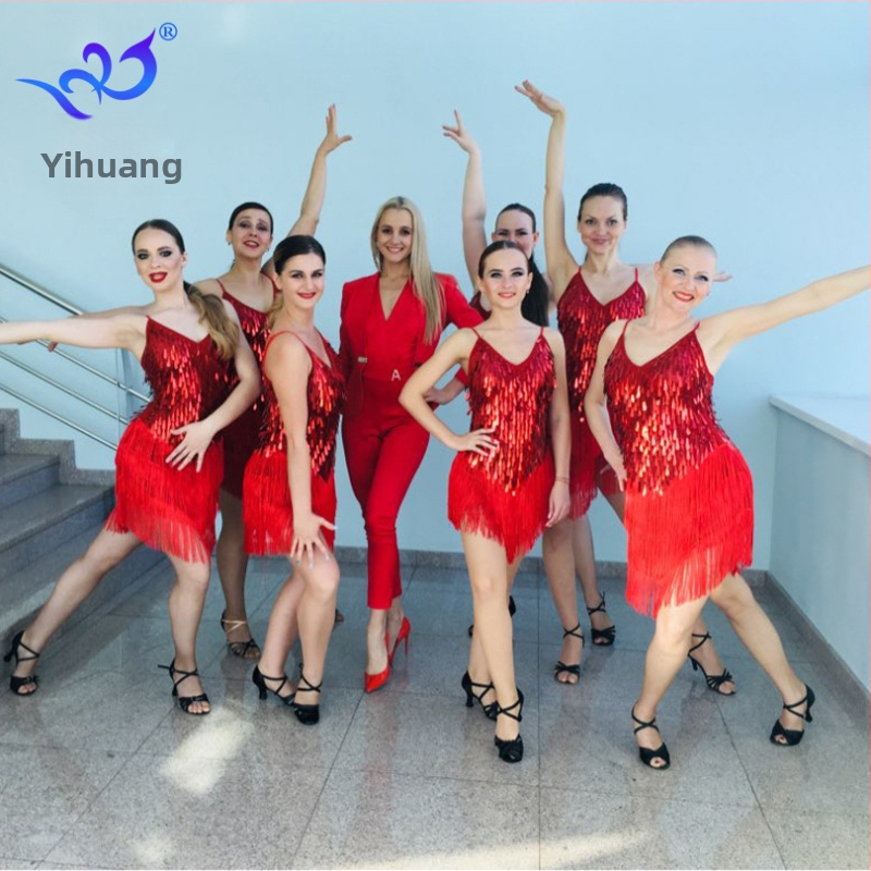 Sequin latino plesna haljina s resicama za žene, Flash Gold tkanina, 90% poliester / 10% spandeks