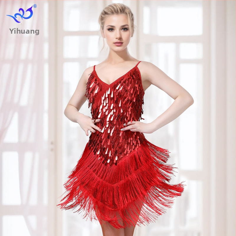 Sequin latino plesna haljina s resicama za žene, Flash Gold tkanina, 90% poliester / 10% spandeks