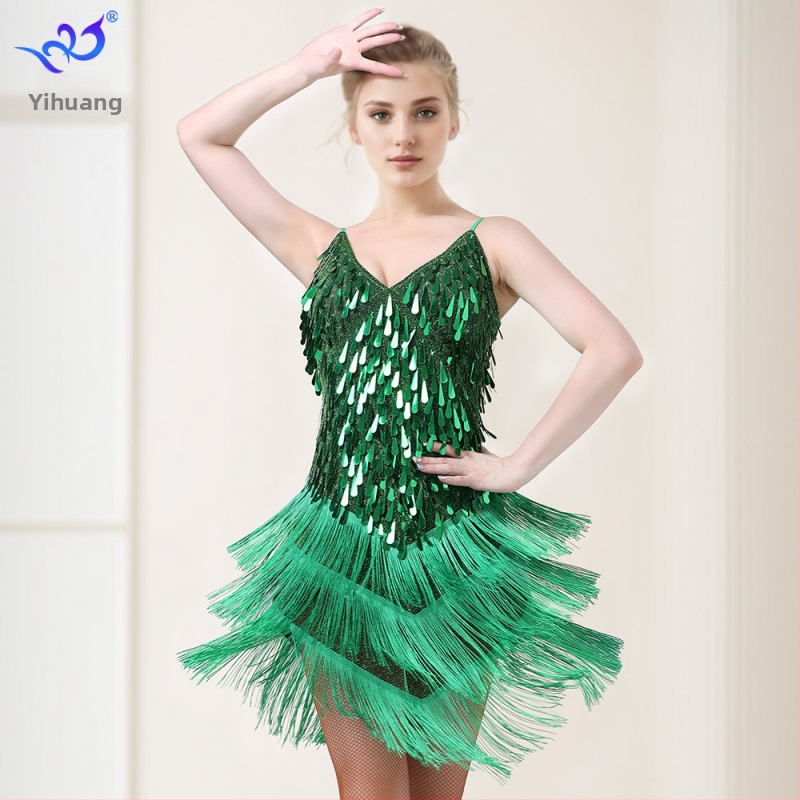 Sequin latino plesna haljina s resicama za žene, Flash Gold tkanina, 90% poliester / 10% spandeks