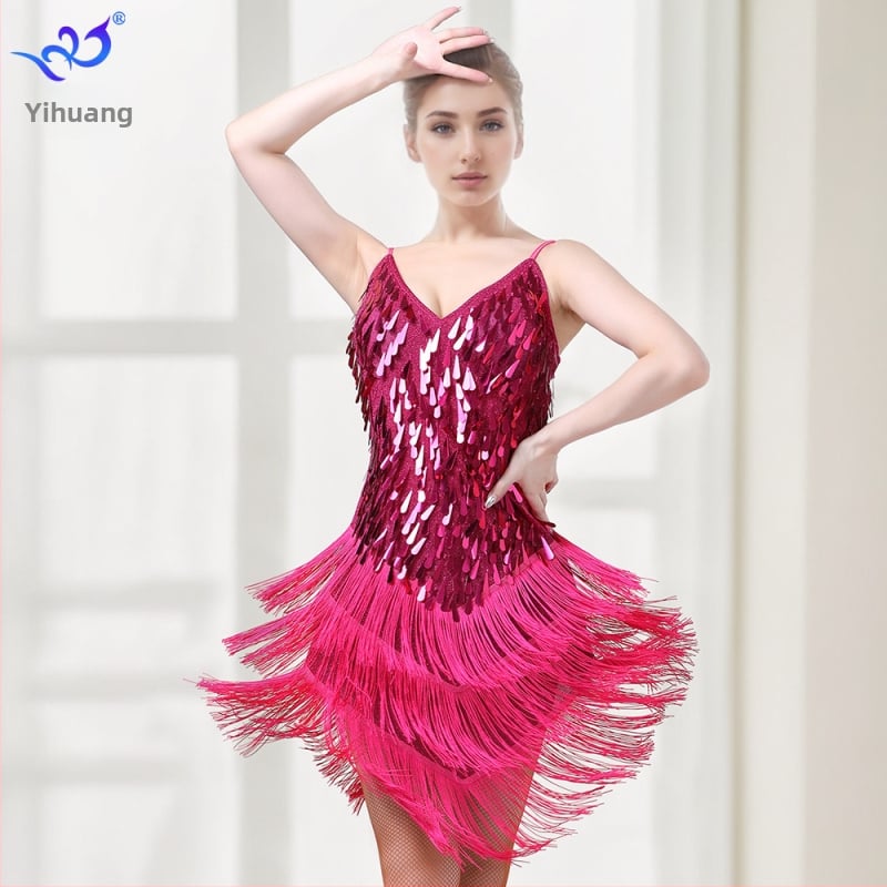 Sequin latino plesna haljina s resicama za žene, Flash Gold tkanina, 90% poliester / 10% spandeks