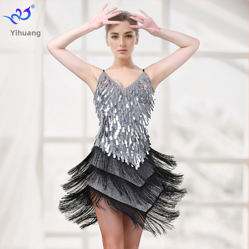 Sequin latino plesna haljina s resicama za žene, Flash Gold tkanina, 90% poliester / 10% spandeks