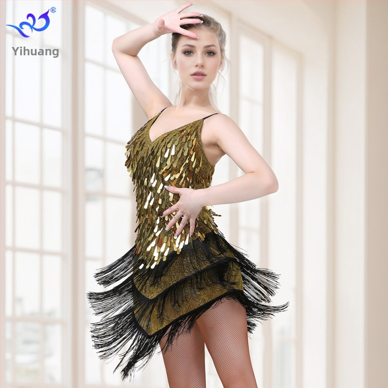 Sequin latino plesna haljina s resicama za žene, Flash Gold tkanina, 90% poliester / 10% spandeks