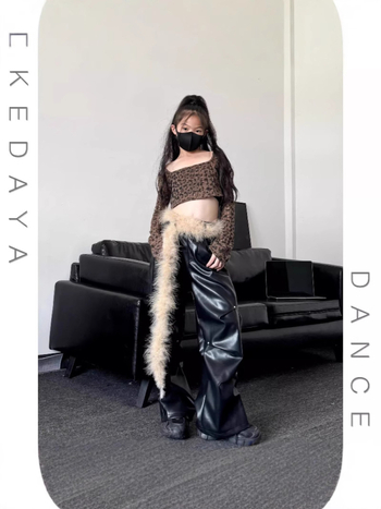 Детски комплект: леопардов принт къс топ и кожени панталони, качулка, дълги ръкави, полиестер, за сценично танцово изпълнение