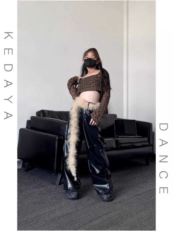 Детски комплект: леопардов принт къс топ и кожени панталони, качулка, дълги ръкави, полиестер, за сценично танцово изпълнение