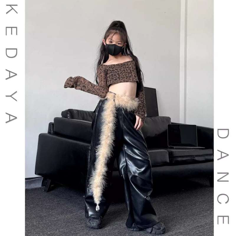 Детски комплект: леопардов принт къс топ и кожени панталони, качулка, дълги ръкави, полиестер, за сценично танцово изпълнение