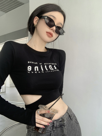 Damska majica s dugim rukavima, tisk tekstom, pamuk-elastan smjesa, slim fit, okrugli izrez