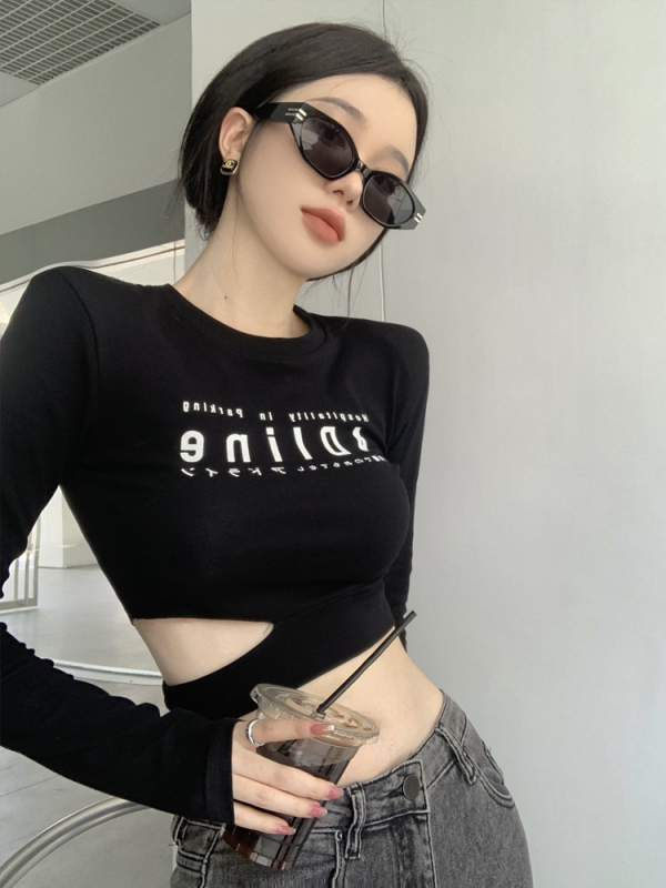 Damska majica s dugim rukavima, tisk tekstom, pamuk-elastan smjesa, slim fit, okrugli izrez