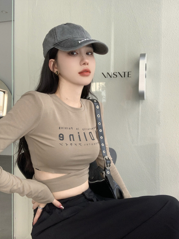 Damska majica s dugim rukavima, tisk tekstom, pamuk-elastan smjesa, slim fit, okrugli izrez