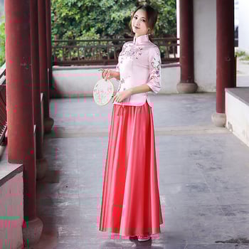 Rochie lungă pentru domnișoare de onoare, în stil chinezesc, cu model floral, mâneci jumătate, amestec din poliester (90% poliester, 2% bumbac, 5% in, 1% mătase tussah)