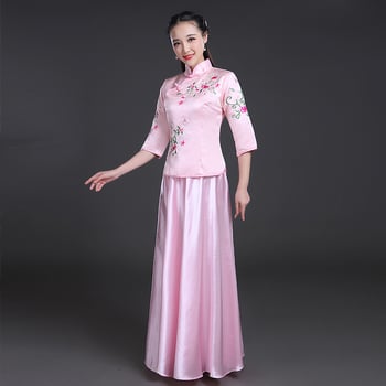 Rochie lungă pentru domnișoare de onoare, în stil chinezesc, cu model floral, mâneci jumătate, amestec din poliester (90% poliester, 2% bumbac, 5% in, 1% mătase tussah)