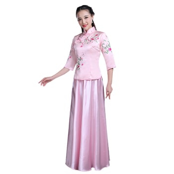 Rochie lungă pentru domnișoare de onoare, în stil chinezesc, cu model floral, mâneci jumătate, amestec din poliester (90% poliester, 2% bumbac, 5% in, 1% mătase tussah)