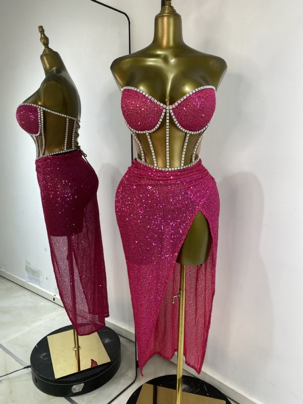 SWATO Primăvara 2024 Set de performanță tricotat cu paiete pentru bar și club – Stil street hipster, Top scurt, Hotfix cristale, Poliester 80-90%, Spandex <30%