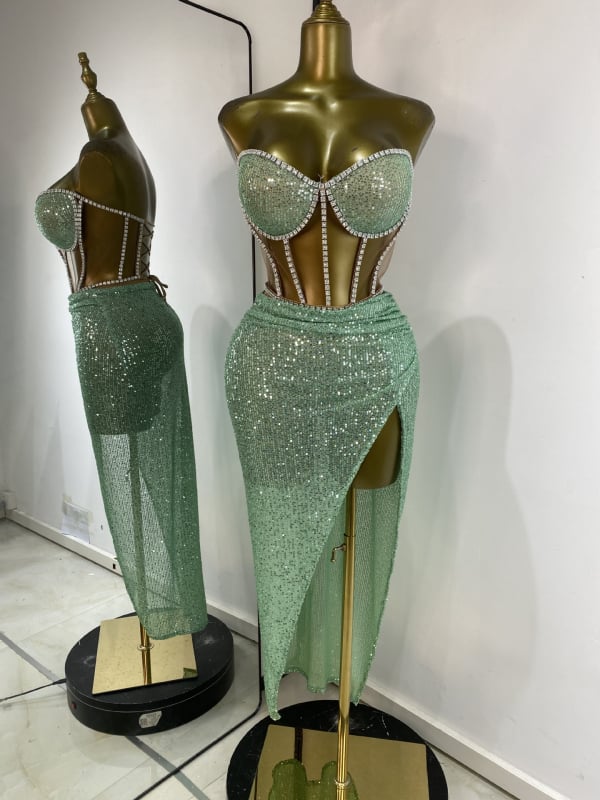 SWATO Primăvara 2024 Set de performanță tricotat cu paiete pentru bar și club – Stil street hipster, Top scurt, Hotfix cristale, Poliester 80-90%, Spandex <30%