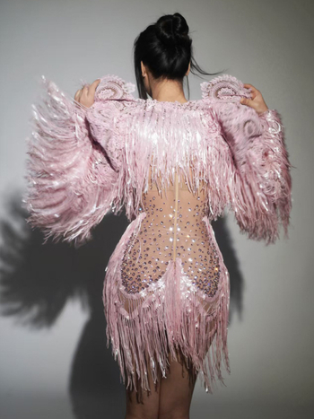 Rochie de scenă unisex cu ciucuri, paiete și cristale; material spandex-bumbac; primăvara 2024