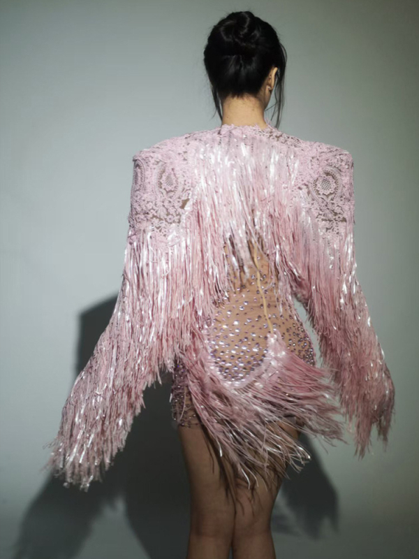 Rochie de scenă unisex cu ciucuri, paiete și cristale; material spandex-bumbac; primăvara 2024