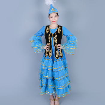 Xinjiang kazahski etnički plesni kostim za folklorni ples — ženski dvodijelni set: haljina i velika pokretna suknja, poliester 70–80%