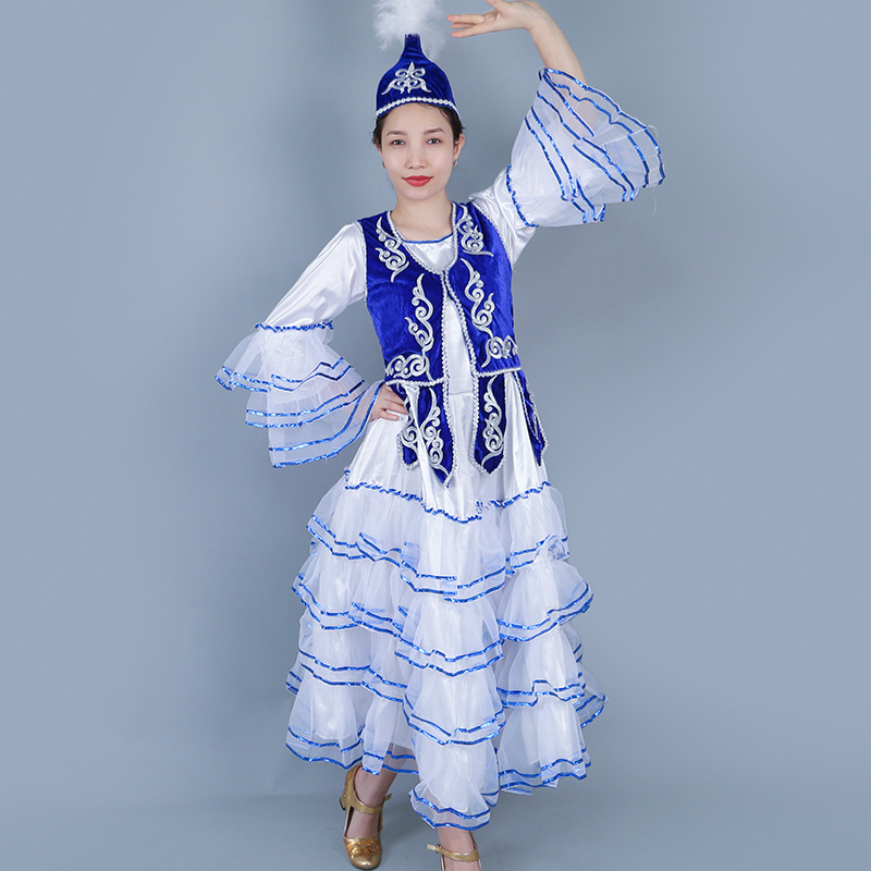 Xinjiang kazahski etnički plesni kostim za folklorni ples — ženski dvodijelni set: haljina i velika pokretna suknja, poliester 70–80%