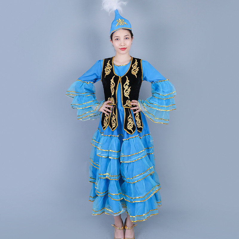 Xinjiang kazahski etnički plesni kostim za folklorni ples — ženski dvodijelni set: haljina i velika pokretna suknja, poliester 70–80%