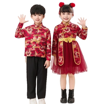 Detský kostým na ľudový tanec — tutu sukňa, slávnostný čínsky Tang štýl, Maple View, unisex, plochý materiál, 30–50% spandex, jar 2025