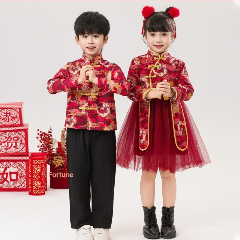 Detský kostým na ľudový tanec — tutu sukňa, slávnostný čínsky Tang štýl, Maple View, unisex, plochý materiál, 30–50% spandex, jar 2025