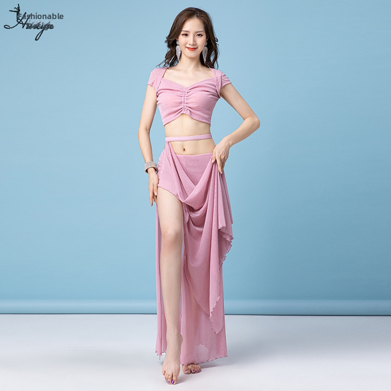 Set na brušný tanec tréning s flitrovou sieťovinou, 65% nylon, 35% polyester, pre ženy, leto 2024, set s dlhou sukňou