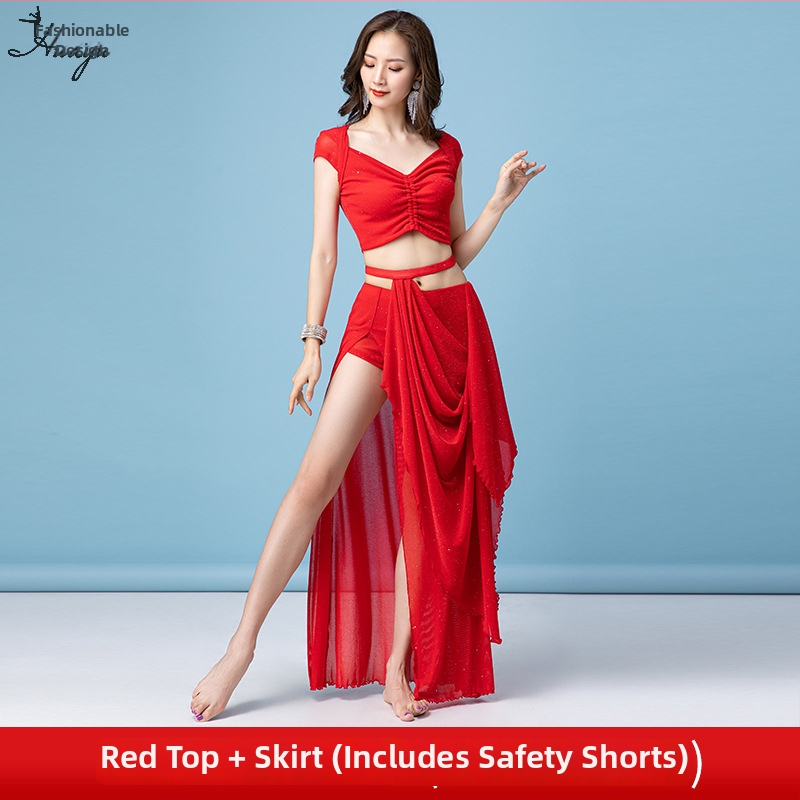 Set na brušný tanec tréning s flitrovou sieťovinou, 65% nylon, 35% polyester, pre ženy, leto 2024, set s dlhou sukňou