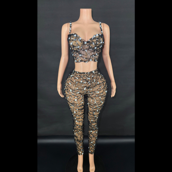 Costum pantaloni cu suspensii, cu mărgele și cristale, plisat, pentru spectacole pe scenă, stil western street, vară 2025