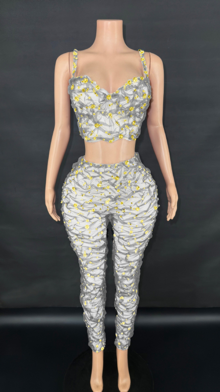 Costum pantaloni cu suspensii, cu mărgele și cristale, plisat, pentru spectacole pe scenă, stil western street, vară 2025