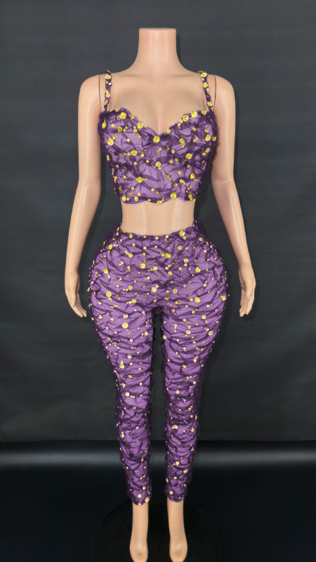 Costum pantaloni cu suspensii, cu mărgele și cristale, plisat, pentru spectacole pe scenă, stil western street, vară 2025