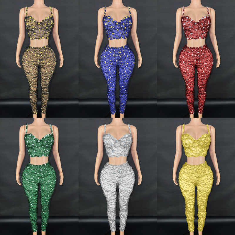 Costum pantaloni cu suspensii, cu mărgele și cristale, plisat, pentru spectacole pe scenă, stil western street, vară 2025